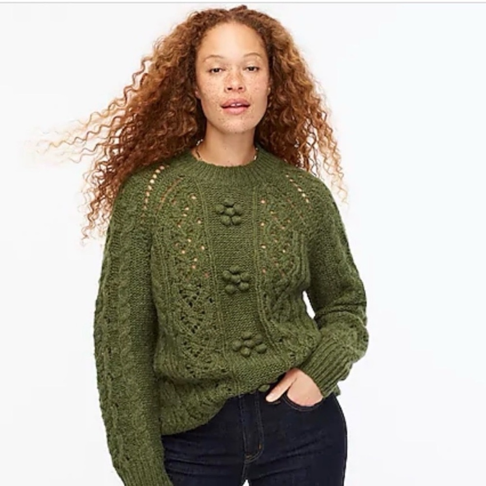 J CREW Cable Knit Pointelle Sweater Popcorn Flowers Wool Blend Green Medium